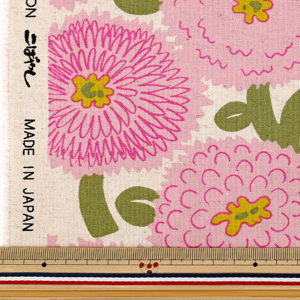 よっこ973新品 コイビトミサキ綿100 大花printAラインTU 数量5から】 生地 『綿麻キャンバス ミスティダリア ピンク UP5988-A
