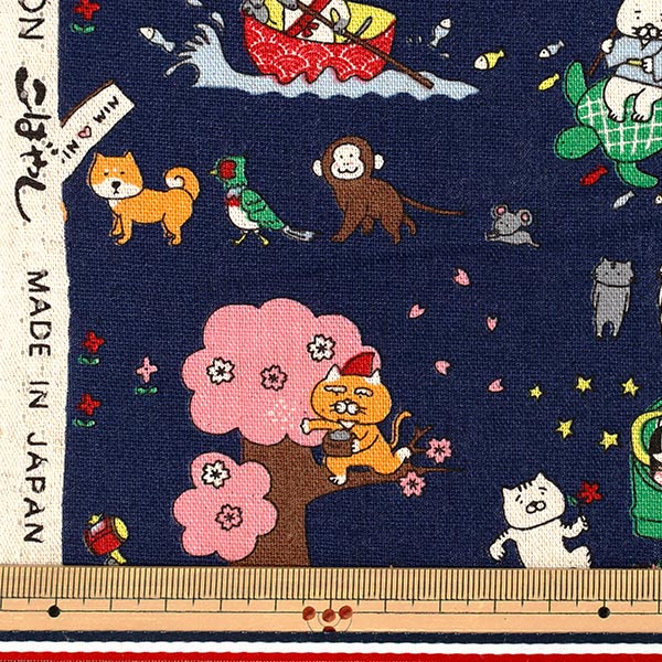 [Anzahl ab 5] Stoff „Baumwoll-Leinen-Canvas Old Tale Cat Navy KTS7152-D" COTTON KOBAYASHI