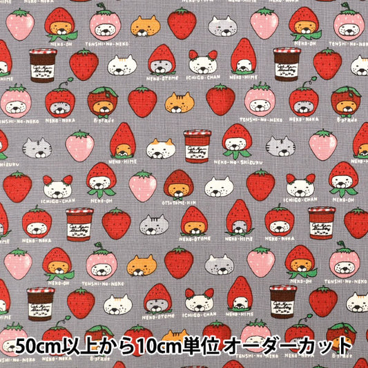 [Anzahl ab 5] Stoff „Cotton Canvas Erdbeerkatze Grau KTS7159-D" COTTON KOBAYASHI