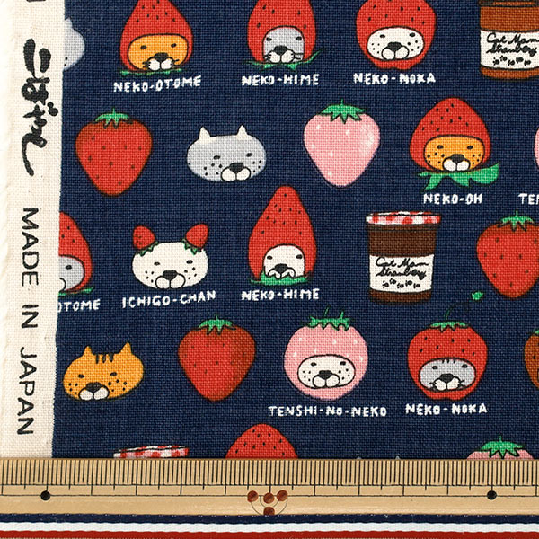数量5から】 生地 『コットンキャンバス いちご猫 ネイビー KTS7159-F