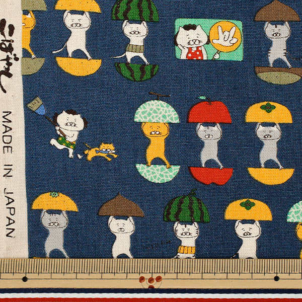 【数量5から】 生地 『コットンキャンバス 愉快な猫さん ネイビー KTS7161-E』 COTTON KOBAYASHI コットンこばやし 小林繊維