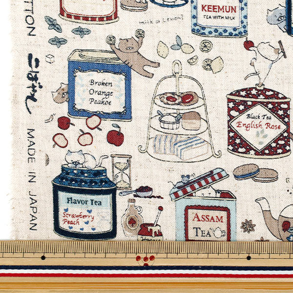 【数量5から】 生地 『綿麻キャンバス 紅茶猫 キナリ×ブルー KTS7163-D』 COTTON KOBAYASHI コットンこばやし 小林繊維
