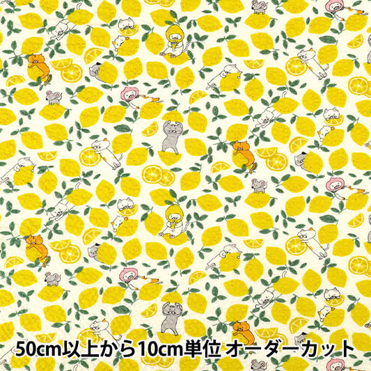 [Anzahl ab 5] Stoff "„Zitronenkatze mit Wellenmuster, Weiß KTS7182-A“ COTTON KOBAYASHI