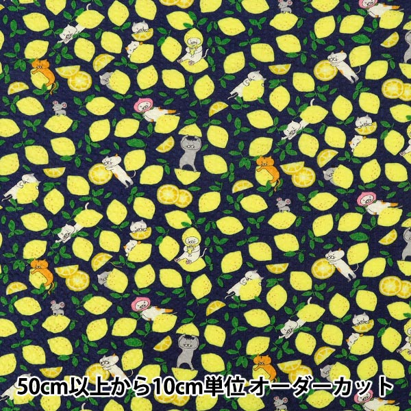 【数量5から】 生地 『リップルプリント レモンねこ ネイビー KTS7185-A』 COTTON KOBAYASHI コットンこばやし 小林繊維