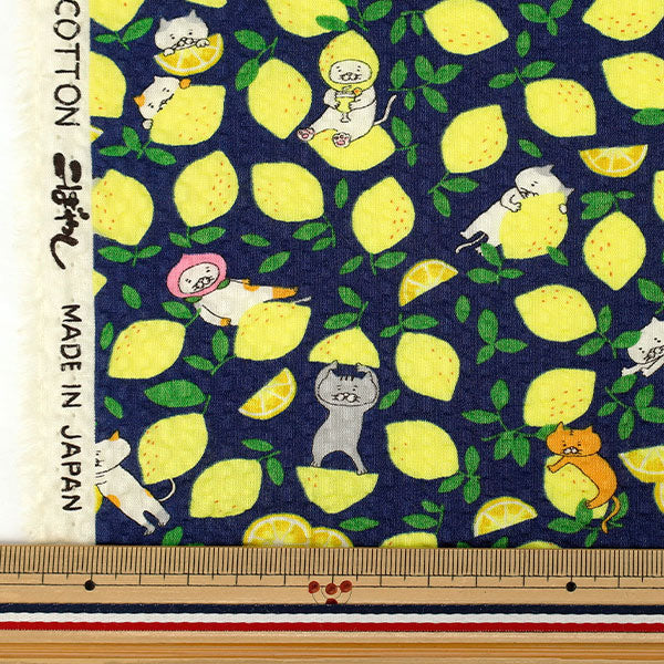【数量5から】 生地 『リップルプリント レモンねこ ネイビー KTS7185-A』 COTTON KOBAYASHI コットンこばやし 小林繊維