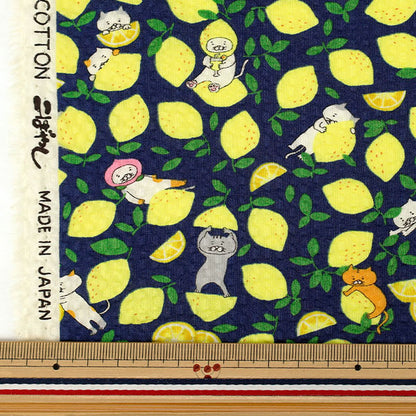 【数量5から】 生地 『リップルプリント レモンねこ ネイビー KTS7185-A』 COTTON KOBAYASHI コットンこばやし 小林繊維