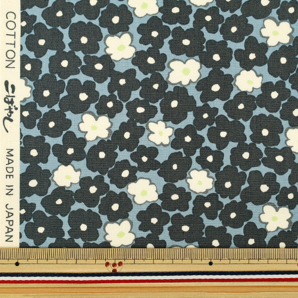 [Anzahl ab 5] Stoff "Breiter Stempel „Blume graublauer Boden KTS7171-F“ COTTON KOBAYASHI