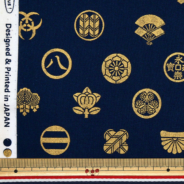 [Quantity starting from 5] Fabric 『Sheeting Japanese pattern gold family crest navy AP51803-3C"