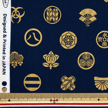 [Quantity starting from 5] Fabric 『Sheeting Japanese pattern gold family crest navy AP51803-3C"