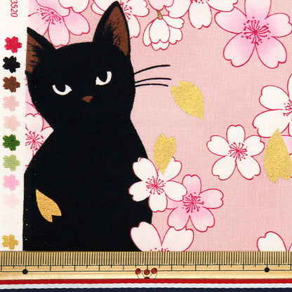 [Quantity starting from 5] Fabric 『Sheeting Hyakurean Black Cat and Cherry Blossom Pink HR3520-11B" Quilt Gate Quilt Gate