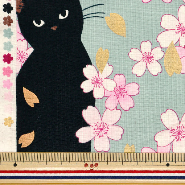 [Quantity starting from 5] Fabric 『Sheeting Hyakuhayaran Black Cat and Cherry Blossom Saxophone HR3520-11C" Quilt Gate Quilt Gate
