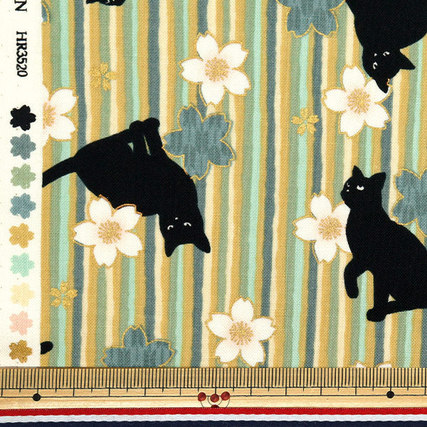 数量5から】 生地 『シーチング 百華繚蘭 黒猫と桜ストライプ グリーン