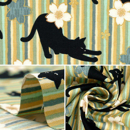 [Quantity starting from 5] Fabric 『Sheeting Hyakuhayaran Black Cat and Cherry Blossom Stripe Green HR3520-12B" Quilt Gate Quilt Gate