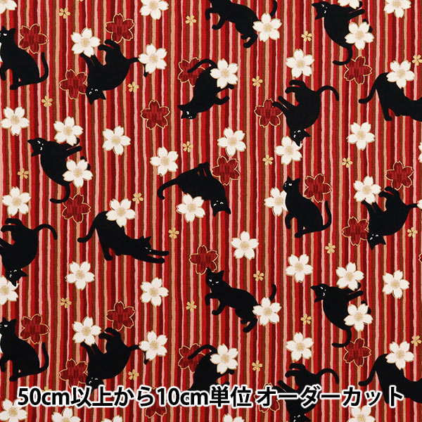 [Quantity starting from 5] Fabric 『Sheeting Hyakurean Black Cat and Cherry Blossom Stripe Red HR3520-12D" Quilt Gate Quilt Gate