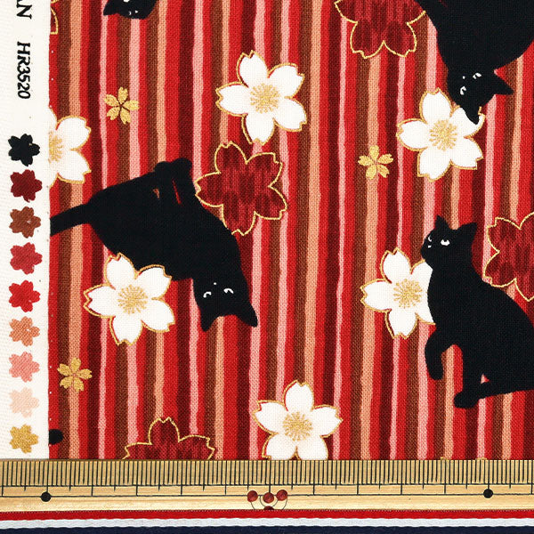 [Quantity starting from 5] Fabric 『Sheeting Hyakurean Black Cat and Cherry Blossom Stripe Red HR3520-12D" Quilt Gate Quilt Gate