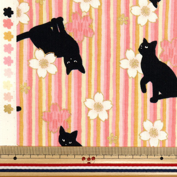 数量5から】 生地 『シーチング 百華繚蘭 黒猫と桜ストライプ ピンク