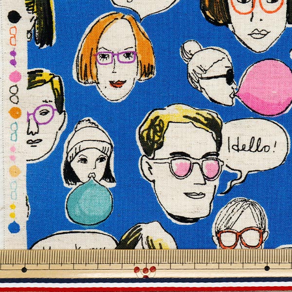 [5부터 시작하는 수량] 천・원단 "면화와 리넨"시팅 원단 재미있는 얼굴 블루 ap52807-1d"