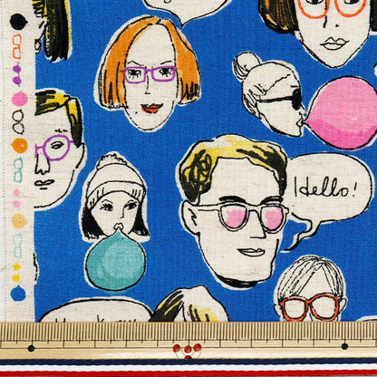 [5부터 시작하는 수량] 천・원단 "면화와 리넨"시팅 원단 재미있는 얼굴 블루 ap52807-1d"