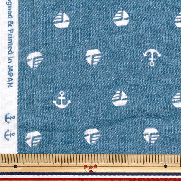 [Quantity starting from 5] Fabric 『double gauze Denim-like print yacht blue AP25501-17B"