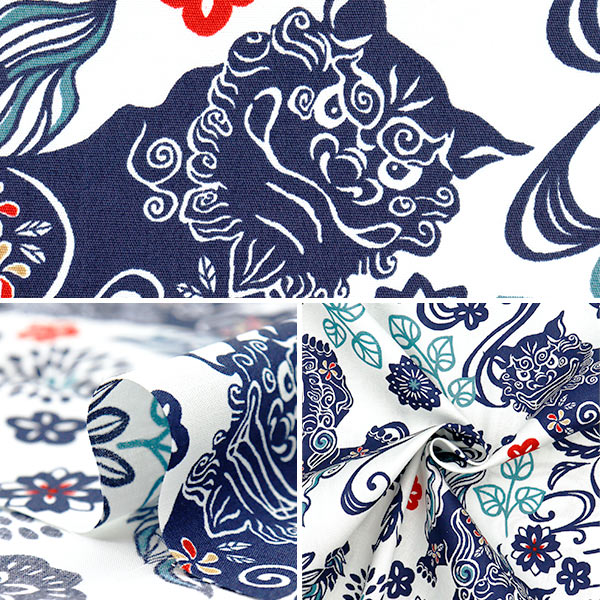 [Quantity starting from 5] Fabric "Broad Bingata Style Shisa White x Navy AP52109-3A"