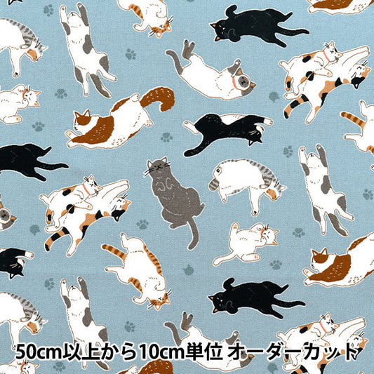 【数量5から】 生地 『オックス へそ天にゃんこ サックス AP52903-2C』