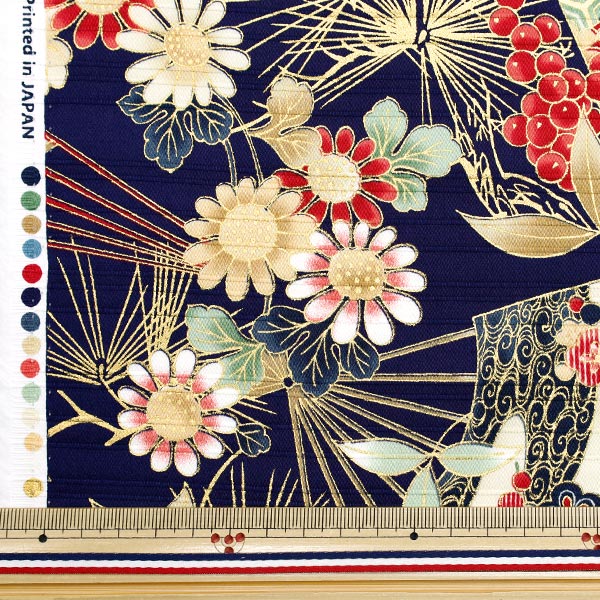 [Quantity starting from 5] Fabric "Satin Slab Colored Pattern Fan Navy AP42901-3C"