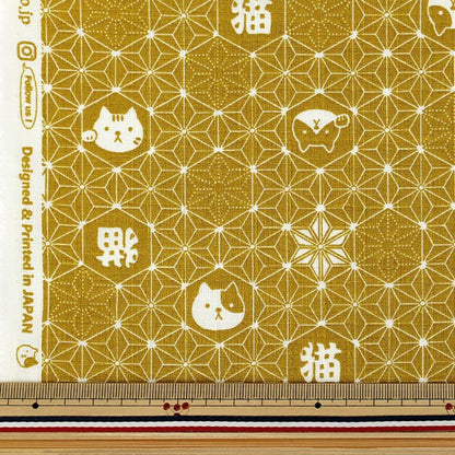 【数量5から】 生地 『ドビー 福福 麻の葉ネコ 黄 AP61202-2C』