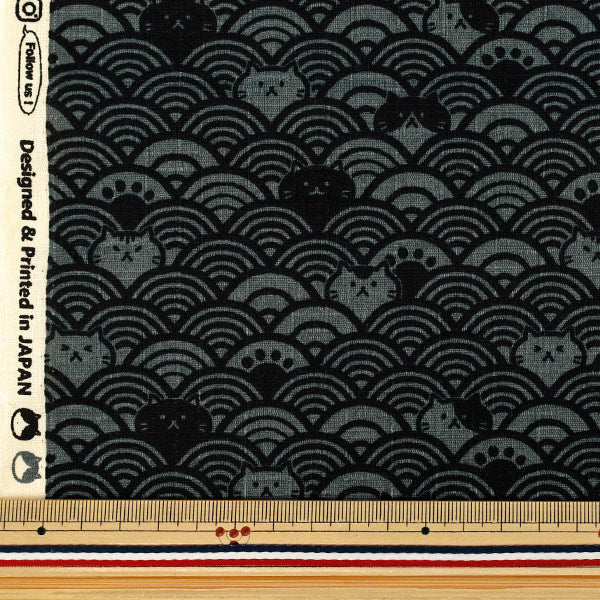 【数量5から】 生地 『ドビー 青海波ネコ グレー×黒 AP41903-2E』