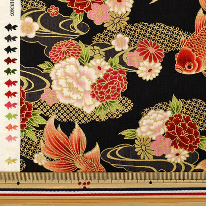 [Quantità da 5] Tessuto "fogli Centinaia di fiori orchidea peonia e pesce rosso nero HR3600-12F "Quilt Gate. Quilt Gate