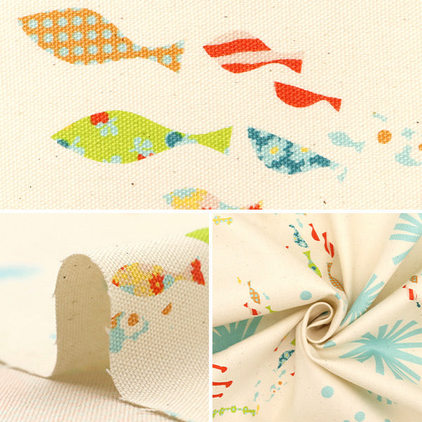 【数量5から】 生地 『Hanauta オックス サニーマリン 海の中のさかな柄 ナチュラル 142-1357-D1』