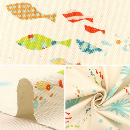 【数量5から】 生地 『Hanauta オックス サニーマリン 海の中のさかな柄 ナチュラル 142-1357-D1』