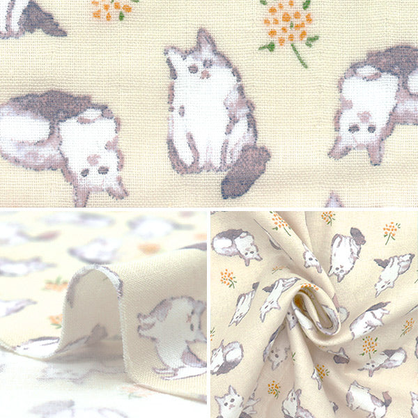 [Quantity starting from 5] Fabric 『double gauze Fulfig Cat Cream 142-1363-A1"