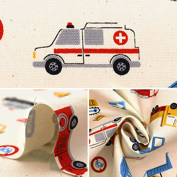 数量5から】 生地 『オックス お気に入りシリーズ はたらく車たち 生成