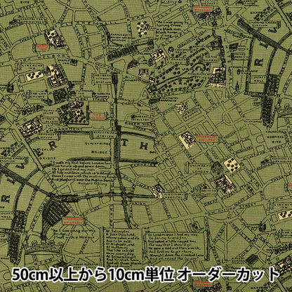 【数量5から】 生地 『オックスプリント マップ カーキ 38134-1B』