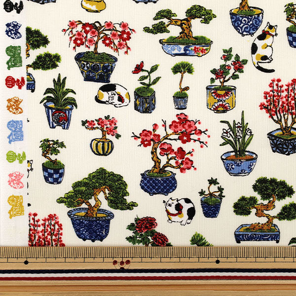 [Quantité à partir de 5] Tissu "siège Bonsaï de style japonais et motif chat ivoire COCO-2510-1A”