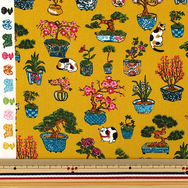 [Anzahl ab 5] Stoff "leinwandbindung Bonsai im japanischen Stil und Katzenmuster gelb COCO-2510-1B“