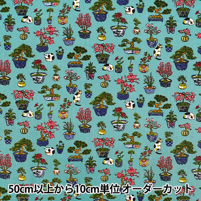 [Anzahl ab 5] Stoff "leinwandbindung Bonsai im japanischen Stil und Katzenmuster blaugrün COCO-2510-1D“