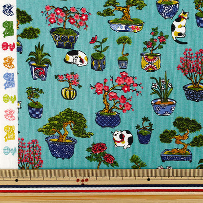 [Anzahl ab 5] Stoff "leinwandbindung Bonsai im japanischen Stil und Katzenmuster blaugrün COCO-2510-1D“