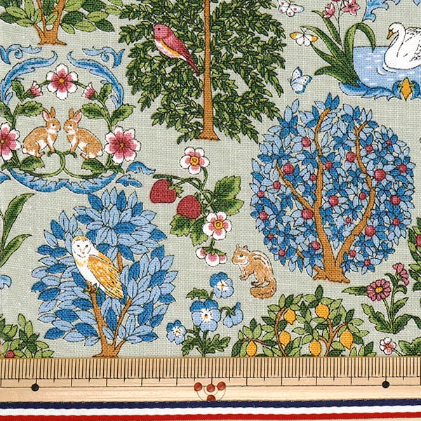 [Количество, начиная с 5] Ткань "Хлопковое льняное холст животный лес светло-зеленый R9011-1b"