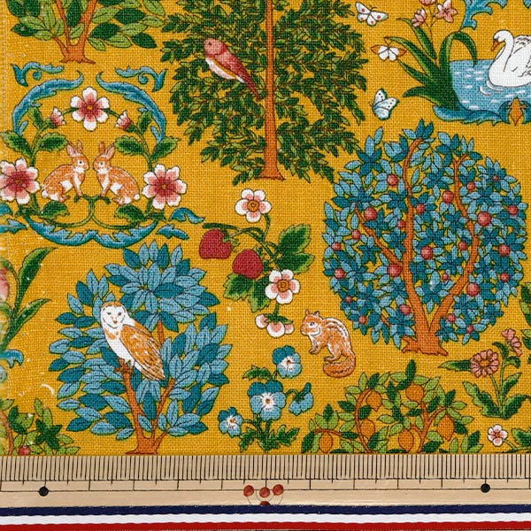 [Cantidad a partir de 5] Tela "Canvas de lino de algodón Bosque de animales amarillo R9011-1D"