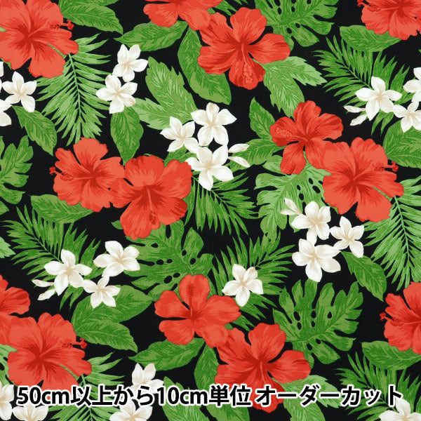 [Cantidad a partir de 5] Tela "TC Impresión hawaiana Hibiscus Black X rojo R9008-2A"
