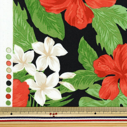 [Cantidad a partir de 5] Tela "TC Impresión hawaiana Hibiscus Black X rojo R9008-2A"