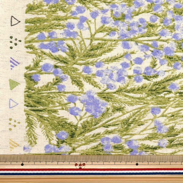 【数量5から】 生地 『mOmen-t モーメント 綿麻シーチング ソフリー加工 ミモザ柄 キナリ×パープル 144-8050-B4PP』 【ユザワヤオリジナル】