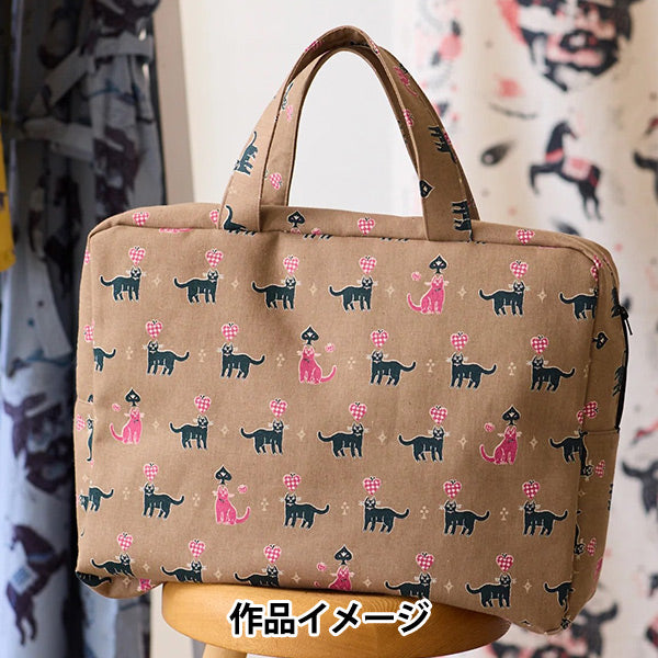 【数量5から】 生地 『綿麻シーチング Sanae Sugimoto Cats ブラウン×ピンク EGX-9220-1B』 KOKKA コッカ