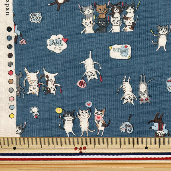 【数量5から】 生地 『シーチング ファニーキャッツ 推し活ねこ ネイビー YKA-31050-1D』 KOKKA コッカ
