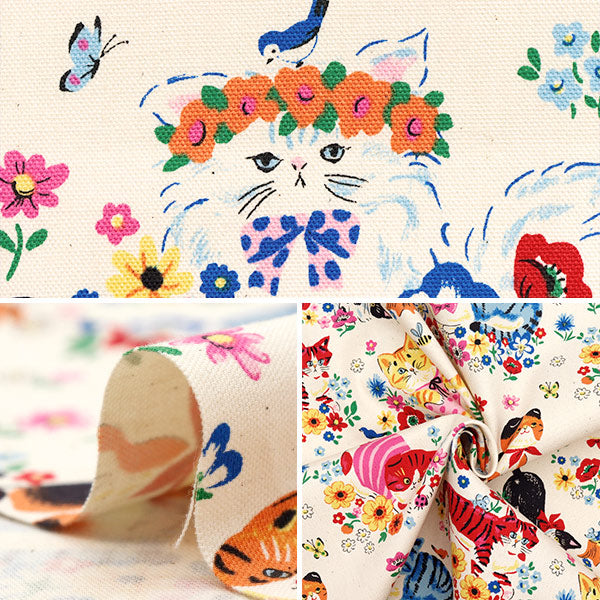 [Cantidad a partir de 5] Tela 『Oxford Flor de gato animal poderoso kinari yga-81050-1a" KOKKA