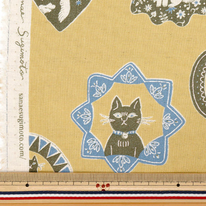 【数量5から】 生地 『綿麻シーチング Sanae Sugimoto Cat Days カラシ EGX-9230-1C』 KOKKA コッカ