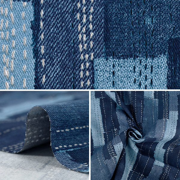 【数量5起】 織物 斜纹刺绣风格牛仔裤拼布 蓝色A YGA-89020-2A"