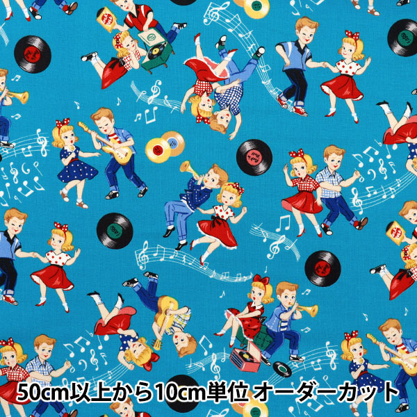 [Quantità a partire da 5] Tessuto 『fogli Sugar Rock Love Rockabilly Sax Blue LW2060-12C"