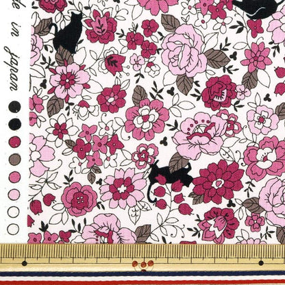 [Cantidad a partir de 5] Tela 『láminas Flores pequeñas y patrón de gato negro rosa yuz-923-1" 【Yuzawayaoriginal】